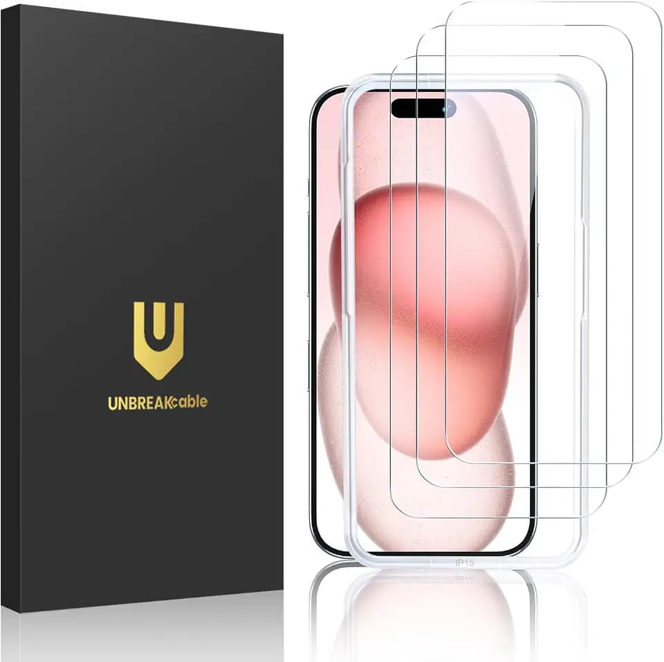 UNBREAKcable für iPhone 15 Panzer Schutz Glas [3er Pack], 9H Härte Schutzfolie, Einfache Installationshalterung Panzerfolie, Blasenfrei für Apple 6,1" Displayschutzfolie