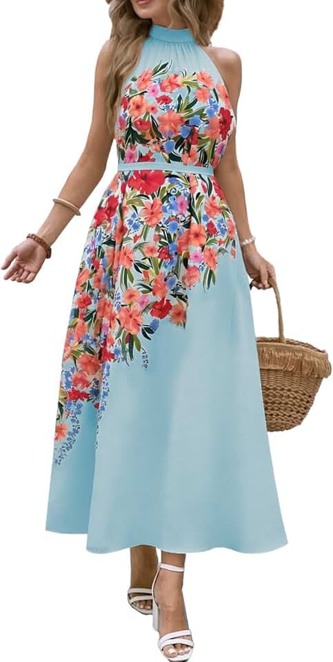 Womens Summer Floral Maxi Dress Halter Neck Sleeveless Sundresses Beach Vacation Wedding Guest Flowy Long Dresses with Belt