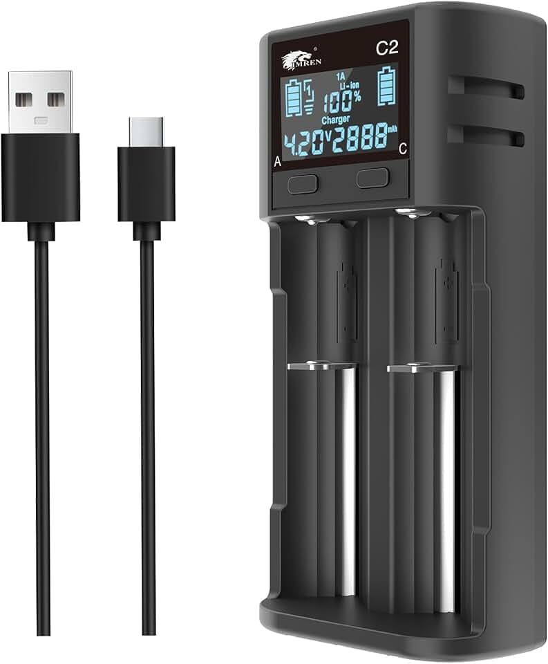 IMREN 18650 Ladegerät, Intelligentes LCD 26650 21700 Akku Ladegerät, 2 A Schnell 18650 Akku Ladegerät für 3,7V Li-ION 18650 21700 20700 1.2 V NI-MH NI-CD AA AAA C(mit USB-C)