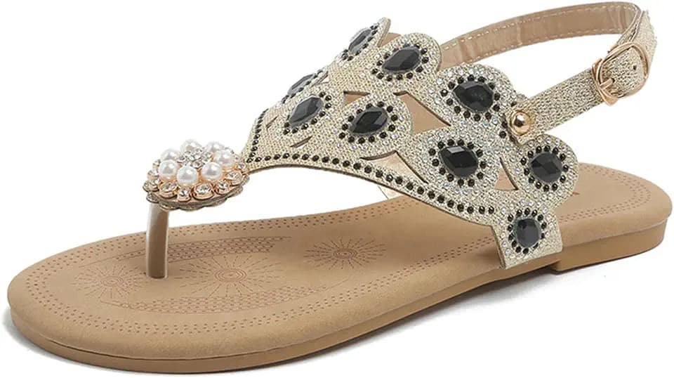 Rhinestone Boho Flat Flip Flops For Women Fashion Shiny T-Strap Pearl Back Ankle Buckle Strap Flat Thong Sandals Sparkly Summer Beach Vacation Daily Causal