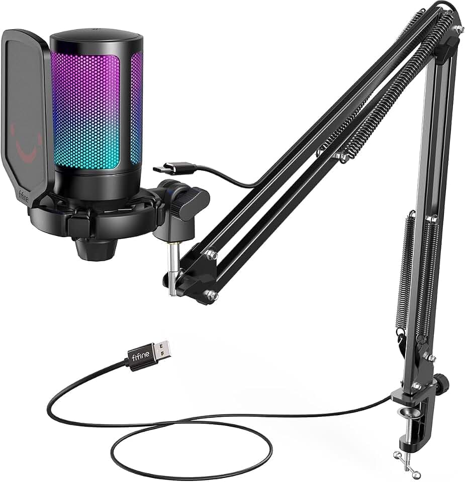 FIFINE Gaming Mikrofon PC mit Arm, USB Microphone Kit mit Stummschalttaste für Podcast Streaming Studio, für MAC PS4 PS5
