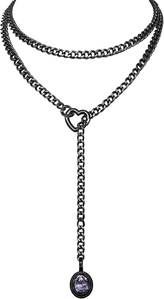Heart Slip Chain Necklace for Women, Cuban Chain with Removable Heart O-Ring and Crystal Pendant, Adjustable Y Lariat Necklace