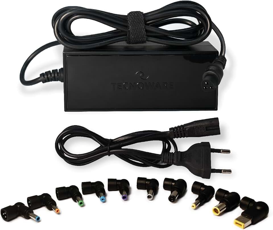 Tecnoware Power Systems - Universal-Ladegerät 95W, Kompatibel mit Acer, ASUS, Sony, Toshiba, HP, Dell, LG, Lenovo, IBM, Fujitsu, Samsung, 10 Steckverbinder, Lange Lebensdauer, Schwarz, 95W