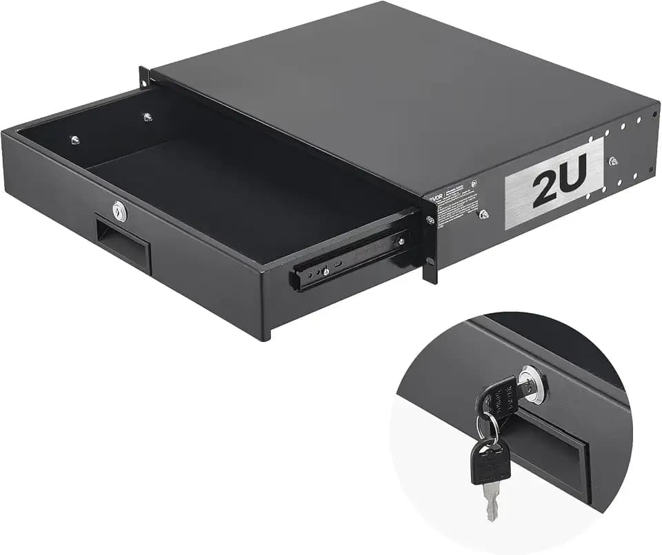 VEVOR 2U Rack Drawer, Lockable Server Cabinet Case, 13.8'' Depth Server Rack Mount Drawer, for 19'' Network Equipment/DJ/AV Rack or Cabinet Enclosure, 50 lbs Max Load, with Cable Management Holes