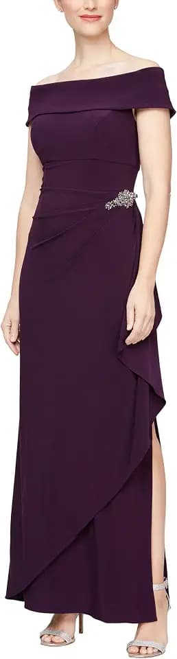 Alex Evenings Womens Long Foldover Off the Shoulder Gown, Formal Event, Mother of the Bride Dress