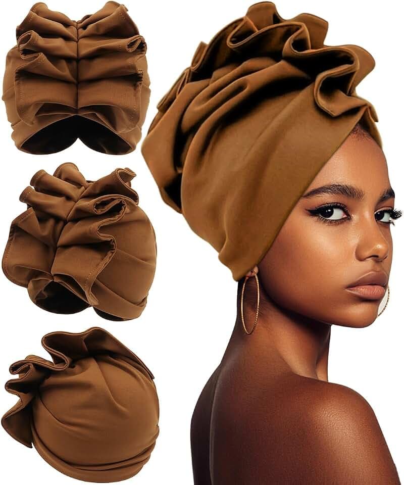 Babalet Stretch-Turban-Hut, afrikanische doppellagige Kopfbedeckung, weich, vorgebundene Haube, Haarband, Rüschen, Turbane, für schwarze Frauen