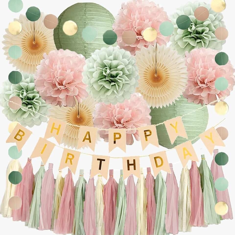 Geburtstagsdeko Salbeigrün Rosa Mädchen Party Deko Geburtstag Grün Rosa Frau Boho Geburtstagsdeko Hellrosa Pastellgrün mit Happy Birthday Banner Beige Gold Salbei Creme Dusty Rose Quaste Girlande