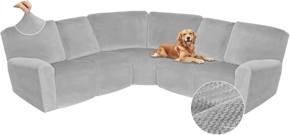 Arfntevss Sectional Recliner Couch Covers Velvet Corner Sectional Sofa Cover for Reclining Couch Stretch Soft L Shape Recliner Slipcover Thick U Shaped Washable Protector (5 Seat Cover, Silvery Gray)