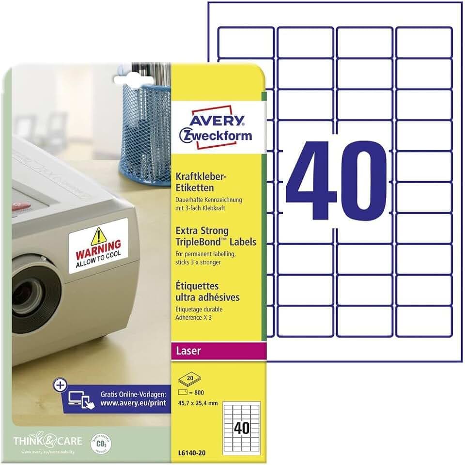 AVERY Zweckform L6140-20 Kraftkleber Etiketten (800 Aufkleber, 45,7x25,4mm auf A4, extrem stark selbstklebend, permanent haftend, bedruckbare Klebefolie für kritische Bedingungen) 20 Blatt, weiß