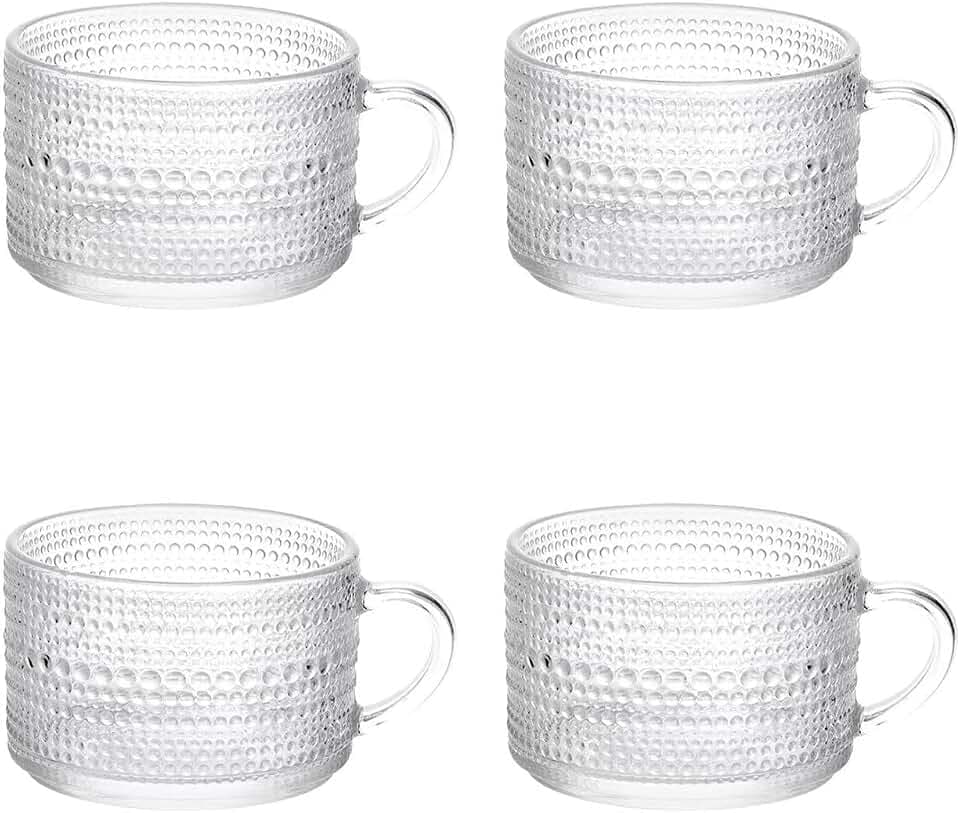 15 oz Glass Stackable Tea Cups Embossed Glass Cups Coffee Cup Vintage Glassware with Handle for Cappuccino Latte Cereal Yogurt Beverage Dessert Water,4 Pcs Vintage Coffee Mugs(Pearl dot) (1)