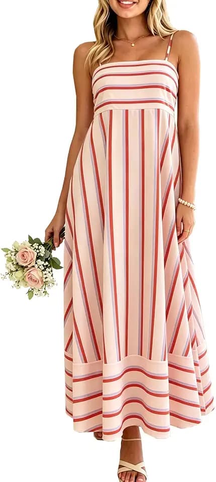 Women's Striped Maxi Dress Spaghetti Strap Back Smocked Flowy Swing Beach Sundress