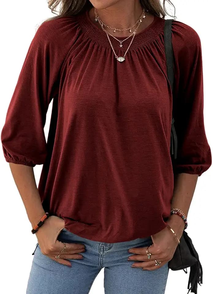 Grlasen Women's Solid Crew Neck 3/4 Sleeve T Shirt Blouse Cotton
