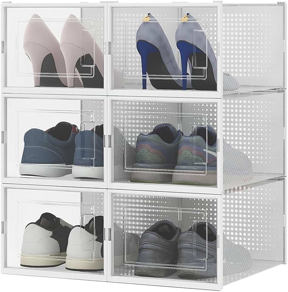 BAKAJI 6 x stapelbare Schuhkartons mit Deckeln, einfache Montage, platzsparend, transparent, Aufbewahrungsbox, Box mit 6 Stück, 35 x 25 x 9 cm