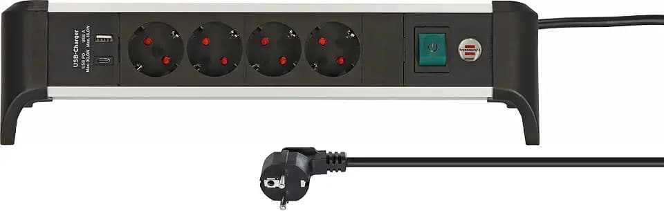 Brennenstuhl Alu-Office-Line Steckdosenleiste 4-Fach mit USB C, 1,8m
