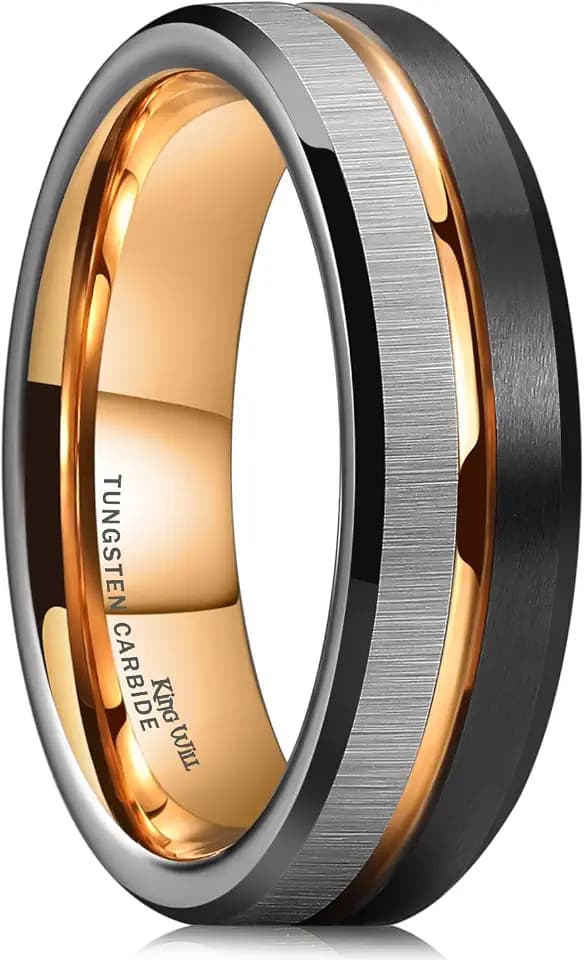 King Will Ehering aus Wolframcarbid, 8 mm, Roségold-Linie, Schwarz und Silber, gebürstet, bequeme Passform