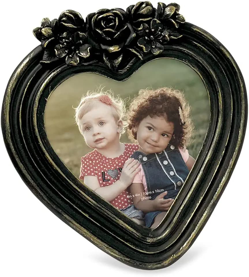 Isaac Jacobs 4x4 Heart-Shaped Rose Design Picture Frame, Black With Gold