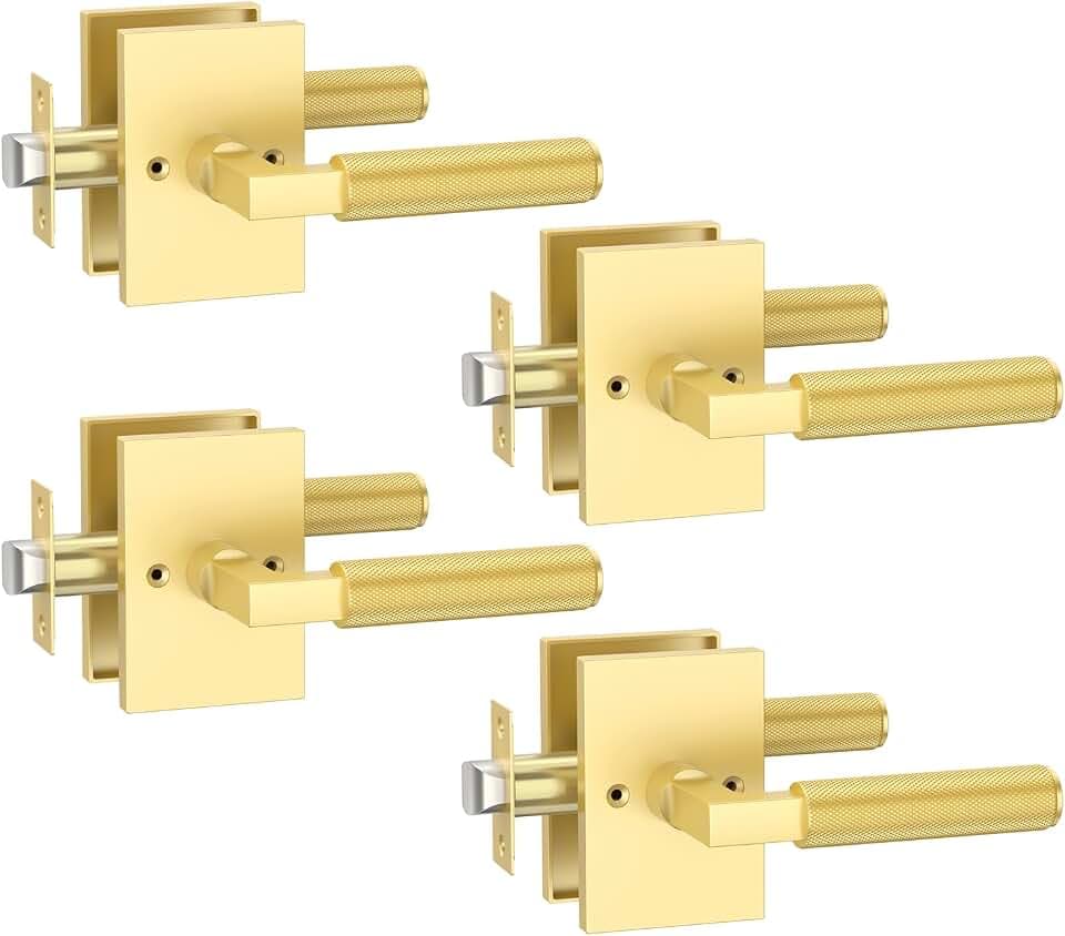 Amerdeco 4 Pack Passage Door Handles, Brushed Gold Interior, Knurled Lever, Heavy Duty for Bedroom and Bathroom, Reversible Keyless for Right & Left Side AM0032