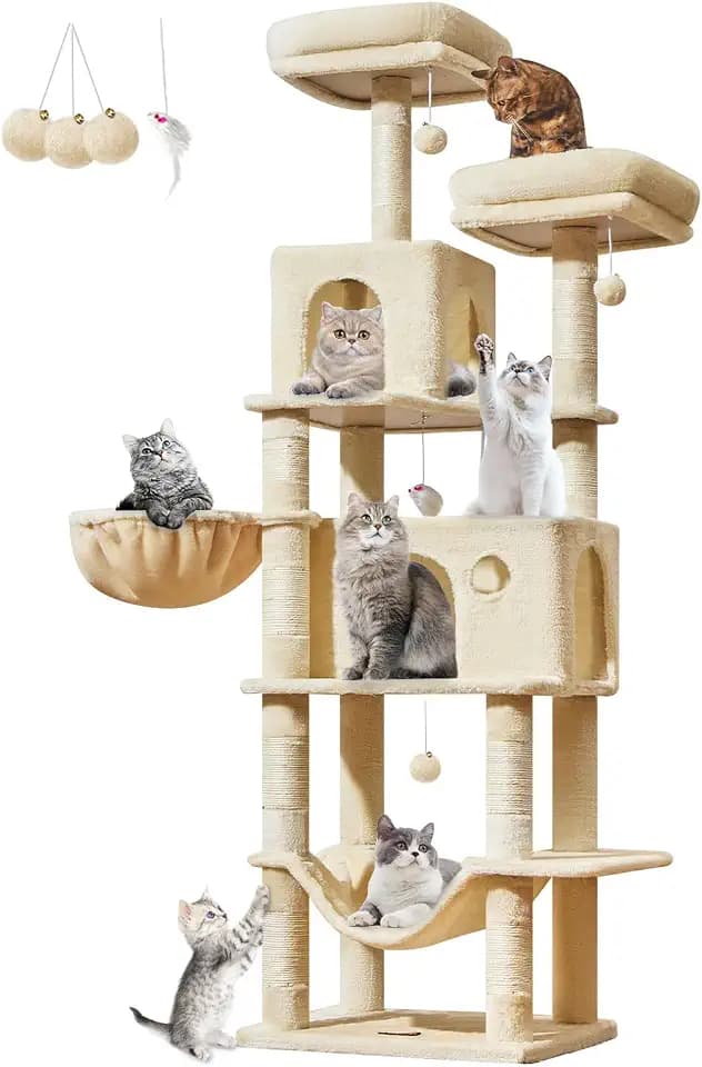 Taoqimiao Large Cat Tree, 73 in Tall Cat Tower with 2 Plush Big Cat Condos