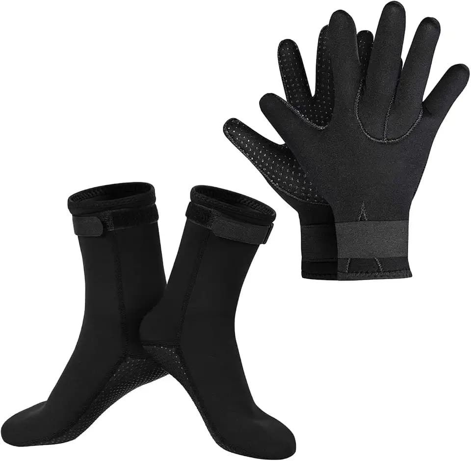 SUPERFA 3 mm Neoprenhandschuhe und Socken, 3 mm Thermo-Tauchhandschuhe und Socken mit verstellbarem Hüftgurt, flexible Neoprenanzughandschuhe und Socken, für Tauchen, Surfen, Kajakfahren, Rafting
