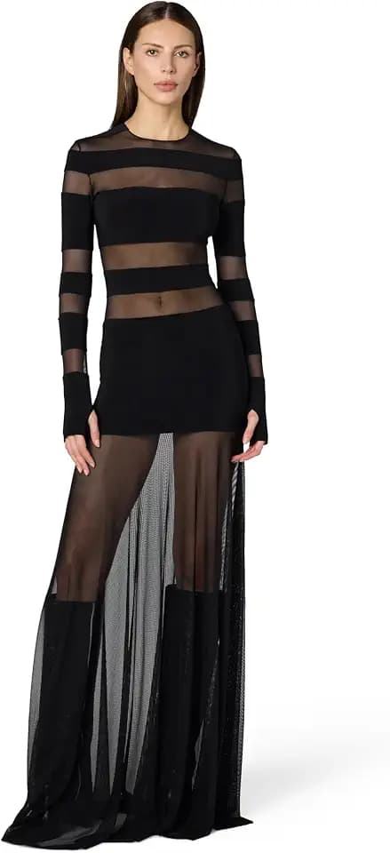 Norma Kamali Women's Spliced Long Sleeve Flared Gown W/Mesh Skirt