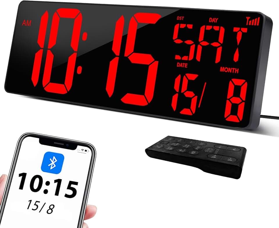 XREXS 17'' Wanduhr Digitale Groß, Bluetooth Automatische Kalibrierungszeit, Helligkeit und Ton einstellbar, Wanduhr Digital Uhr, Wanduhr mit Uhrzeit/Datum/Temperatur für Haus, Küche, Klassenzimmer
