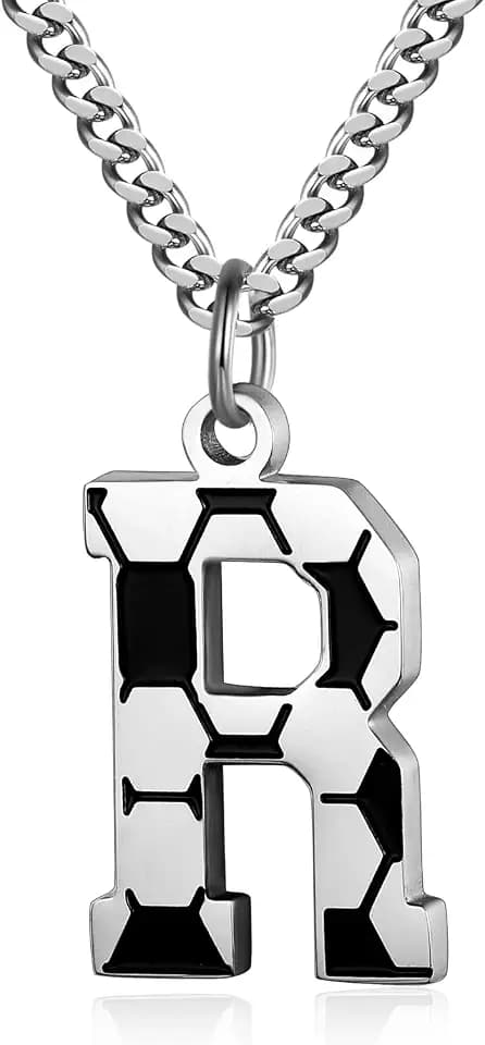 AIAINAGI Soccer Initial A-Z Letter Necklace for Men Soccer Charm Pendant Stainless Steel Silver Chain 22inch Personalized Soccer Gift for Men