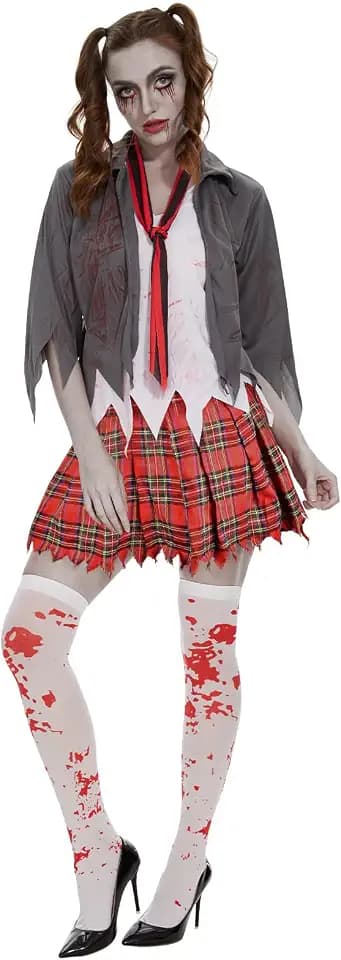 Ulikey Horror Zombie Schulmädchen Kostüm, Zombiekostüm Schülerin, Halloween Kostüm Damen für Halloween Party, Cosplay