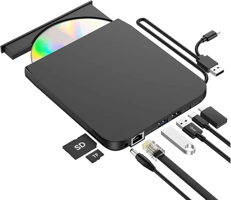 ROOFULL External CD DVD Drive with Ethernet Adapter & USB Hub & Card Reader