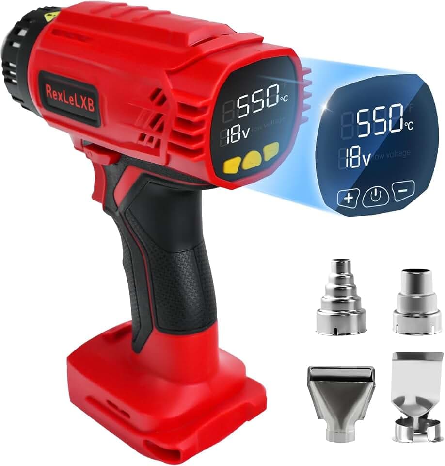 Schnurlose Display-Heißluftpistole für Milwaukee 18V Li-Ion Akku, 400W 1022℉ (550℃) Heißluftpistole mit Überlastungsschutz, 4 Düsenaufsätze zum Einschweißen, Basteln, Rohrbiegen (OHNE BATTERIE)