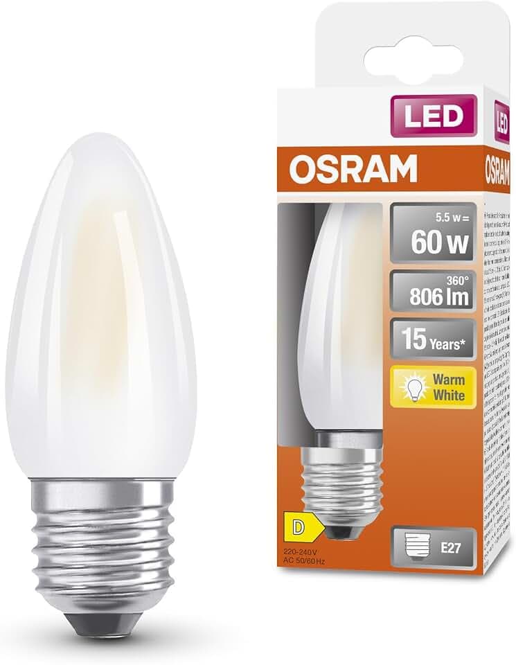 Osram LED Star Classic LED-Lampe in klassischer Minikerzenform, weiß, warmweißes Licht (2700 K) mit 5.5W / 806 lm, aus gefrostetem bleifreiem Glas, E27 Sockel, IP20, EEK D, 35 mm Durchmesser.