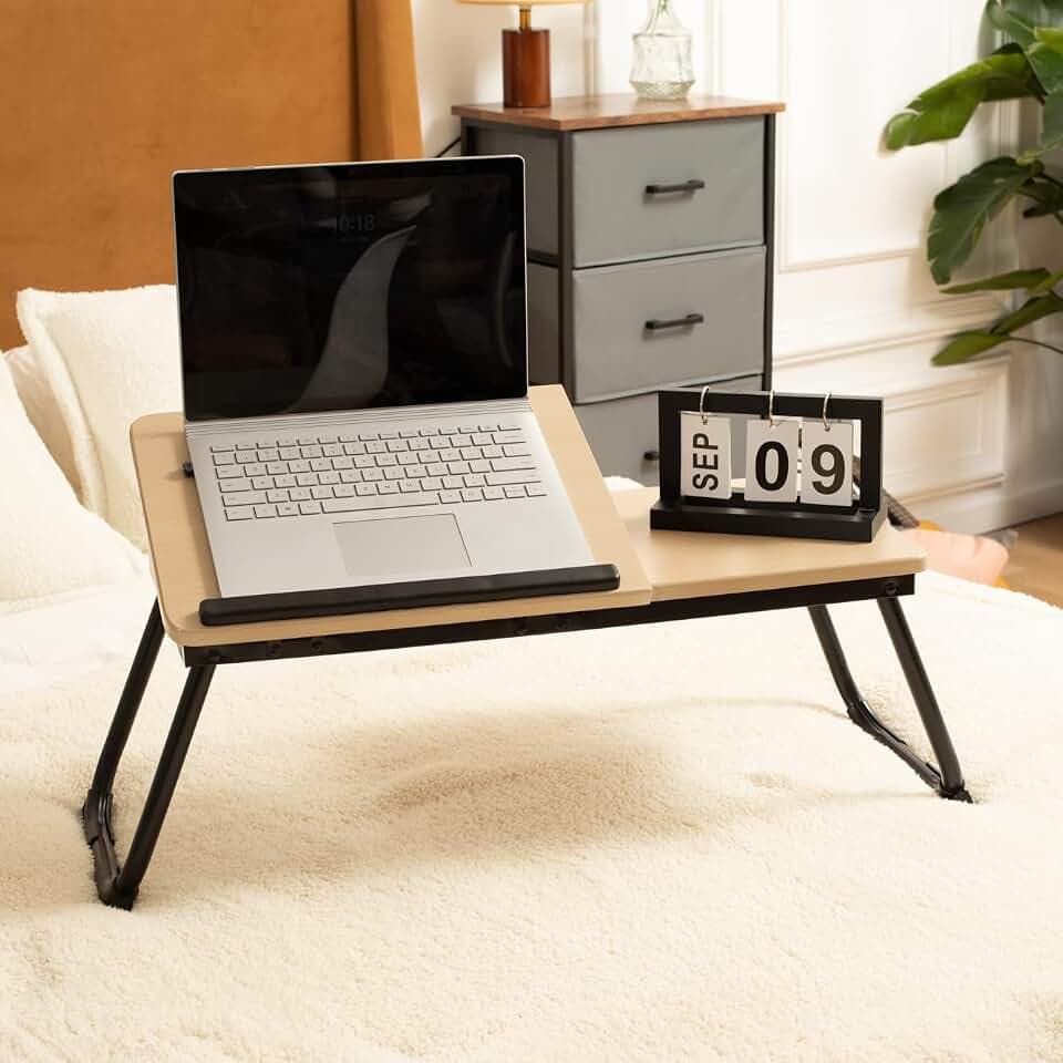 MEUBLE Cosy Laptoptisch Frühstückstablett Höhenverstellbar Betttisch Laptopständer mit klappbaren Beinen für Sofa und Bett, Naturfarben + Schwarz