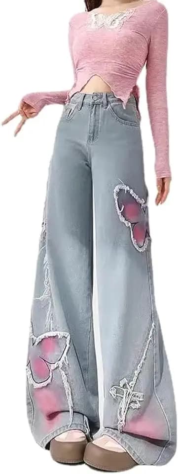 Women Y2k Vintage Grunge Butterfly Embroidery Harajuku Wide Leg Jeans
