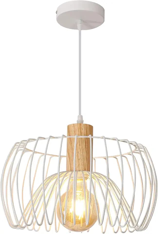 Hängelampe Retro E27 Hängeleuchte Moderne Skandinavisch Deckenleuchte aus Metall Holz Pendelleuchte für Schlafzimmer Esszimmer Küche, Weiß