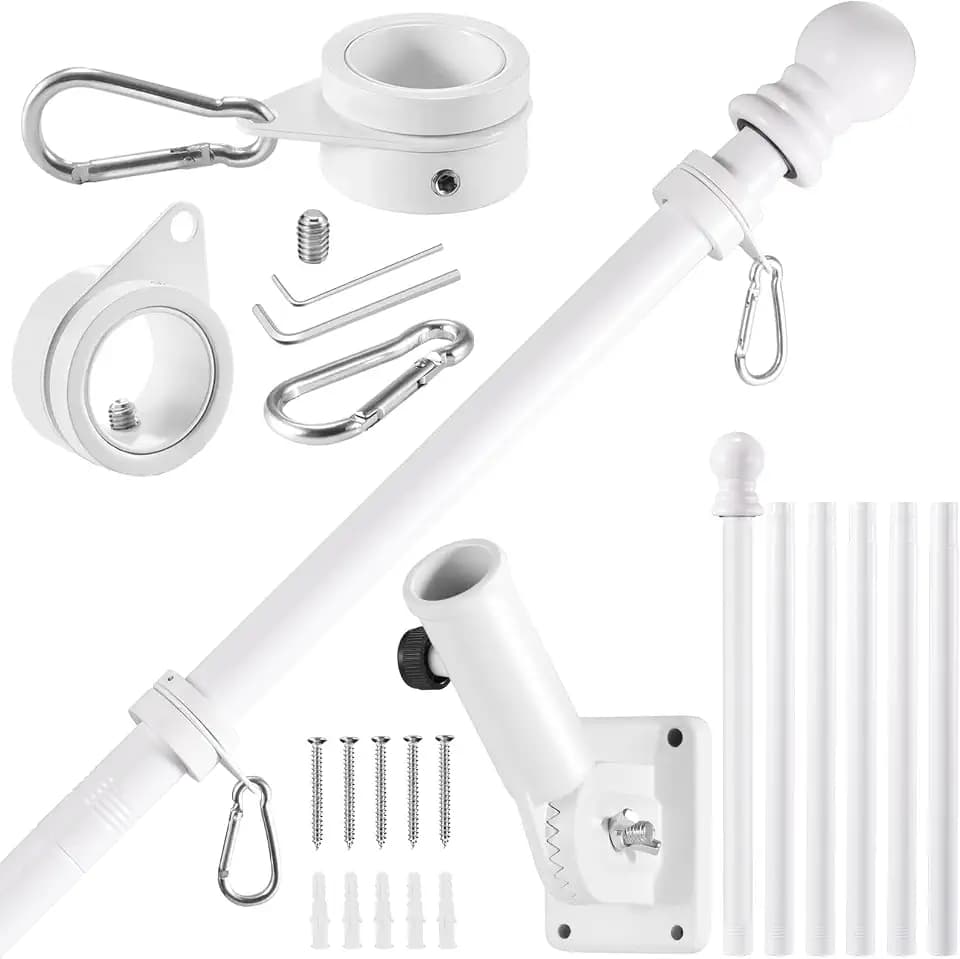 BONWIN White Flagpole Kits, 7 FT Thickened Stainless Steel House Porch Wall Flag Pole Kit for 3x5'/4x6' Flag, 1" Anti-Wrap Spinning Flag Pole Ring Clips & 180° Adjustable Multi-Position Bracket Holder