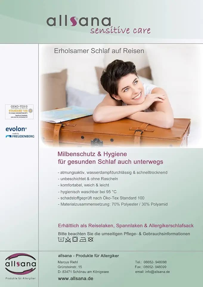 Allsana Sensitive Care Allergiker Schlafsack 100x220 cm ungefüttert, Hüttenschlafsack Reiseschlafsack