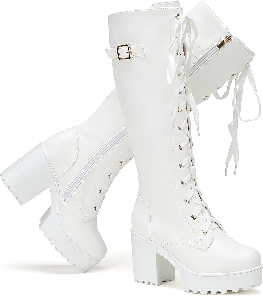 Modische Plateau-Stiefel für Damen, kniehoch, Schnürstiefel, klobiger Absatz, mit Schnalle, seitlichem Reißverschluss, Bikerstiefel