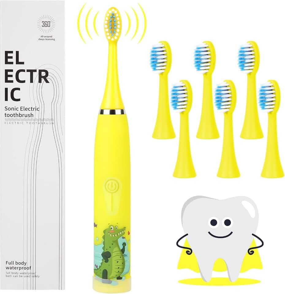 Vicloon Elektrische Zahnbürste Kinder, Kinderzahnbürste Elektrisch ab 5 Jahre, 6 weiche Ersatzbürstenköpfen, 2 Minuten Smart Timer, Wasserdicht IPX6, für Empfindliche Babyzähne (Gelb)