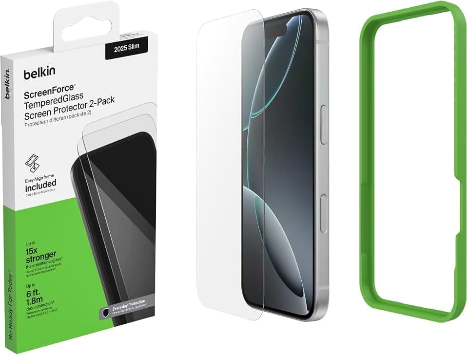 Belkin ScreenForce TemperedGlass Schutzfolie iPhone Air, Kratzfest, Displayschutzfolie mit Positionierungsrahmen, Blasenfreie Anbringung, Displayschutz, Screen Protector, Glasschutz – 2er-Pack