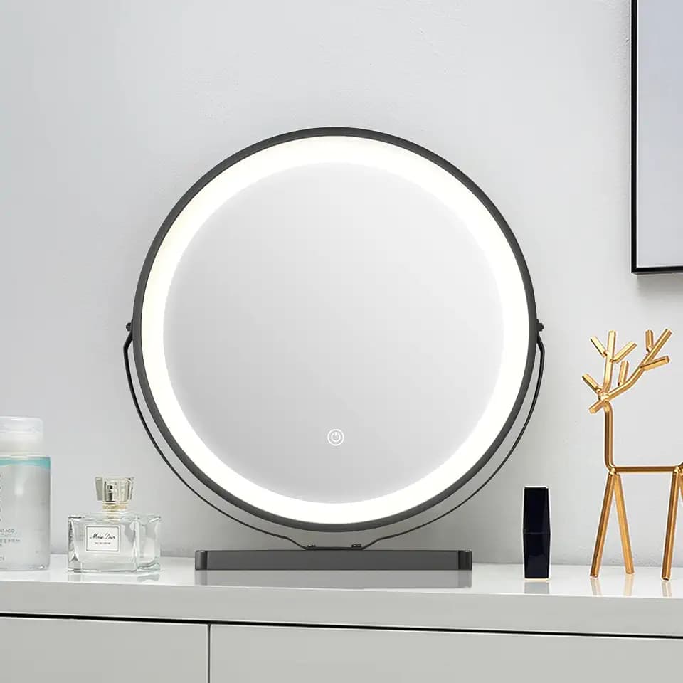 YOSHOOT Runder Kosmetikspiegel, 45 cm großer , beleuchteter Schminktisch mit Muster, drehbarer Schminkspiegel, dimmbare LED-Lichtleisten mit 3 Modi, intelligenter Touchscreen (Schwarzblume)