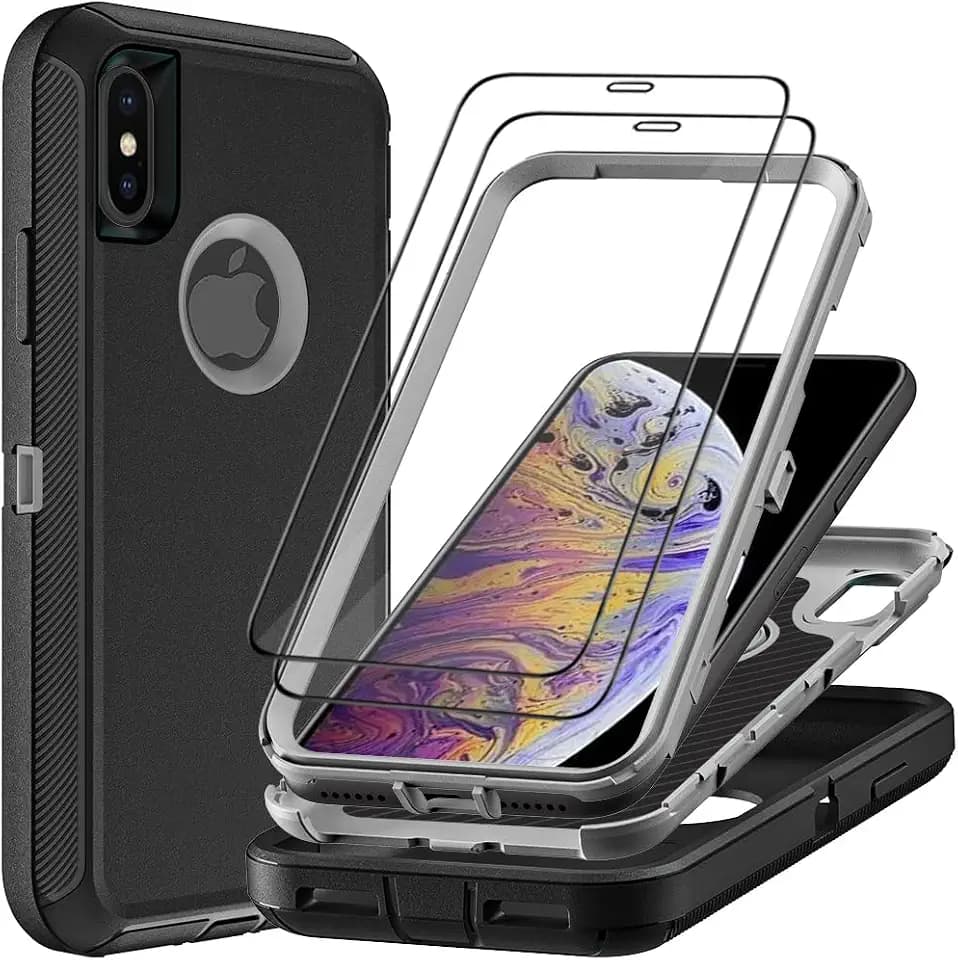 for iPhone X Case/iPhone Xs Case with 2Pcs Tempered Glass Screen Protector, Military Grade 3 in 1 Heavy Duty Shockproof/Drop Proof/Dust Proof Case (Black/Grey)