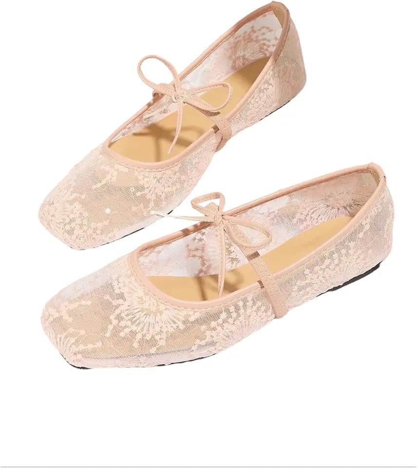 BEAUDRM Women's Polka Dots Mesh Ballet Flats Cute Lace Ballerina Flats
