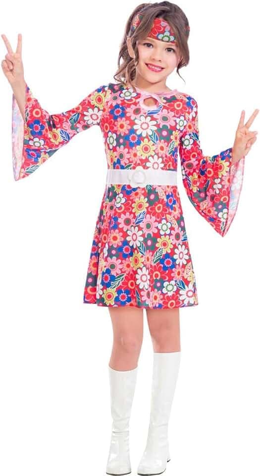 amscan Pink Floral 60s Dress with Belt and Matching Headpiece