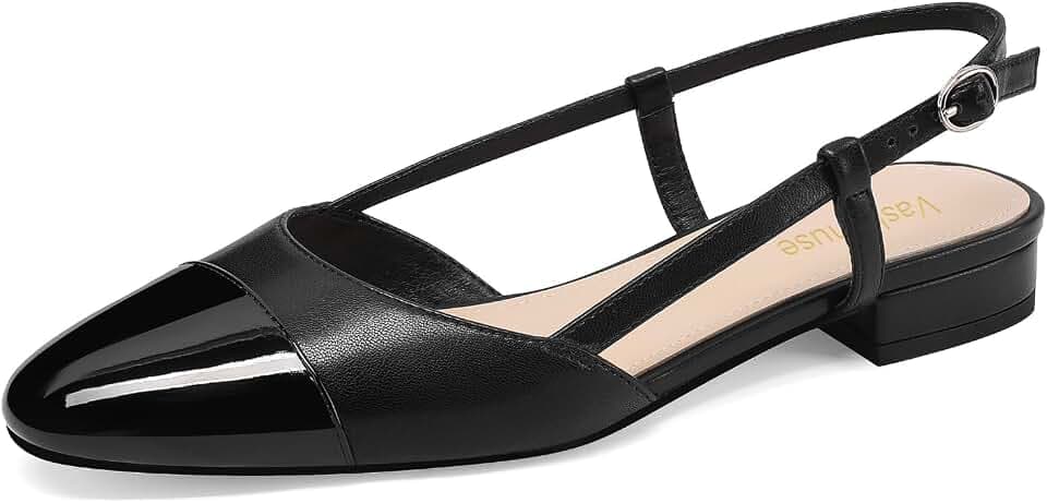 Vaslemuse Slingback Flats for Women Two Toned Double Strap Block Low Heel Flats Classic Womens Sandals Comfortable Dressy