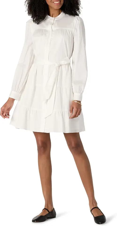 Amazon Essentials Women's Regular-Fit Cotton Sateen Tiered Shirt Dress with Puff Shoulder Sleeves, Collar Band, Button-Front