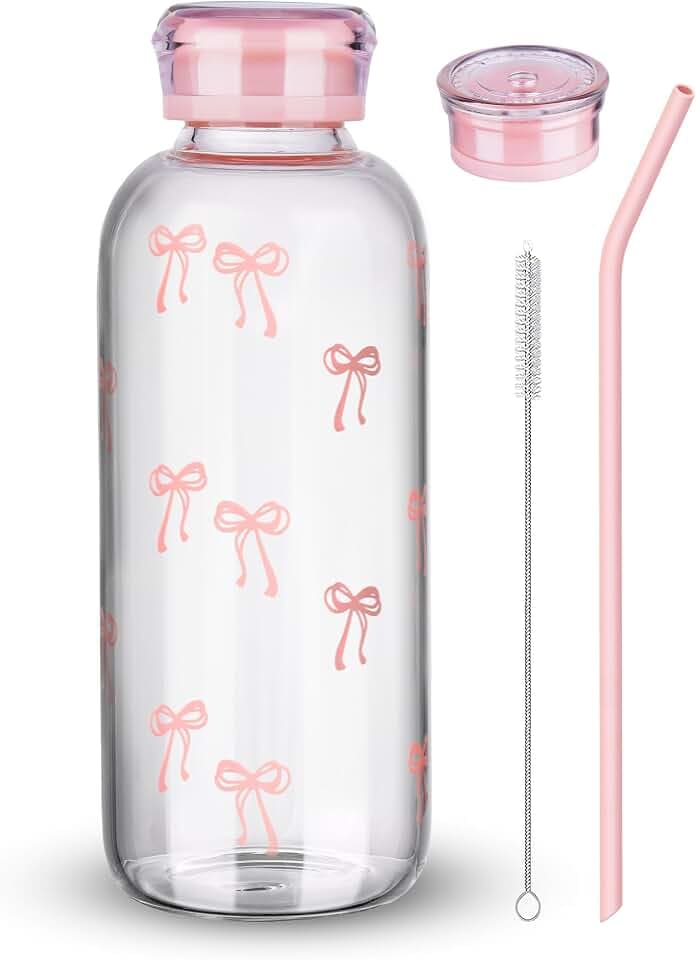 NiHome Glass Water Bottle 25oz/750ml with Metal Straws, 2 Caps, Pink