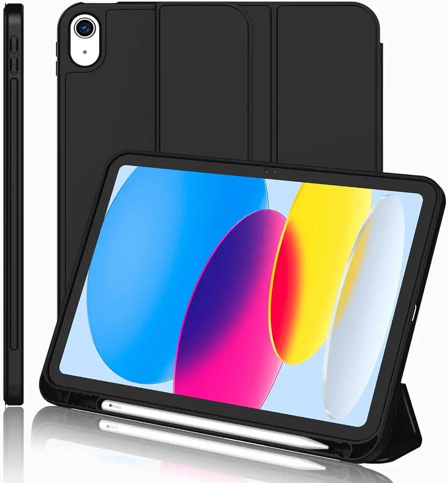 iMieet iPad (A16) Case/iPad 10th Generation Case [11-Inch 2025/10.9 Inch 2022] with Pencil Holder, Trifold Stand Smart Cover with Soft TPU Back,Auto Wake/Sleep(Black)