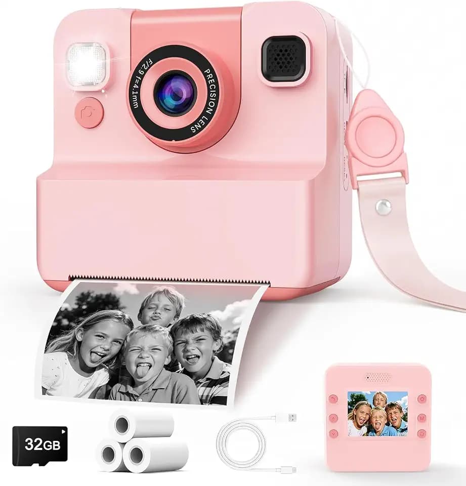 Kids Camera Instant Print with Flip Selfie Lens, Toddler Digital Camera with 3 Rolls Print Paper, Portable Travel Christmas Birthday Gift for 3-12 Girls Boys with 32GB Card (Pink)