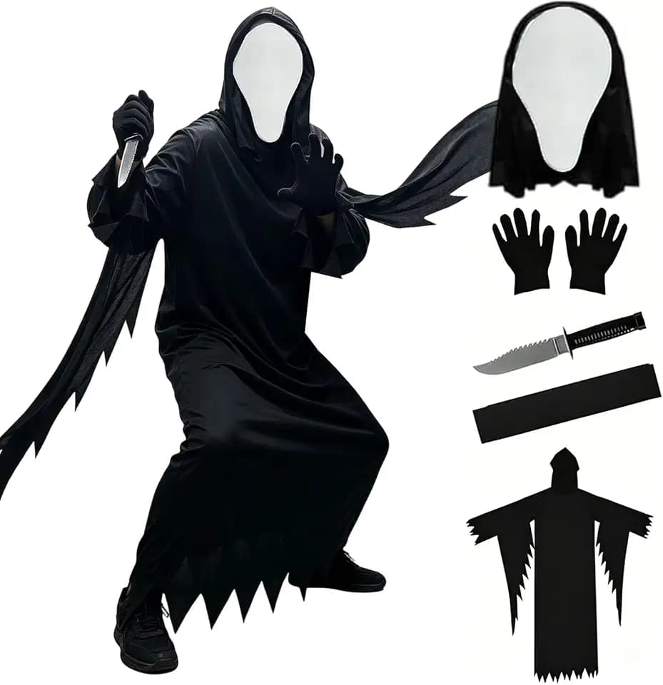 Scream Costume,Halloween Scream Costume,Adult Scream Ghost face Costume,mit Spielzeugmesser Maske Handschuhen Gürtel,Unisex Geeignet für Spukhaus,Karneval,Halloween,Kostümparty,Ostern