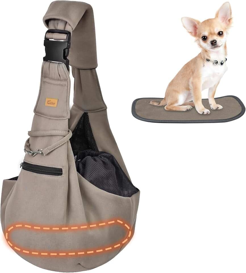 CUBY Adjustable Dog Cat Sling Carrier with Padded Hard Bottom Pet Carrier Sling Soft Carrying Puppy Bag for Small Dogs Cats Outdoor Travel(Khaki Senior)