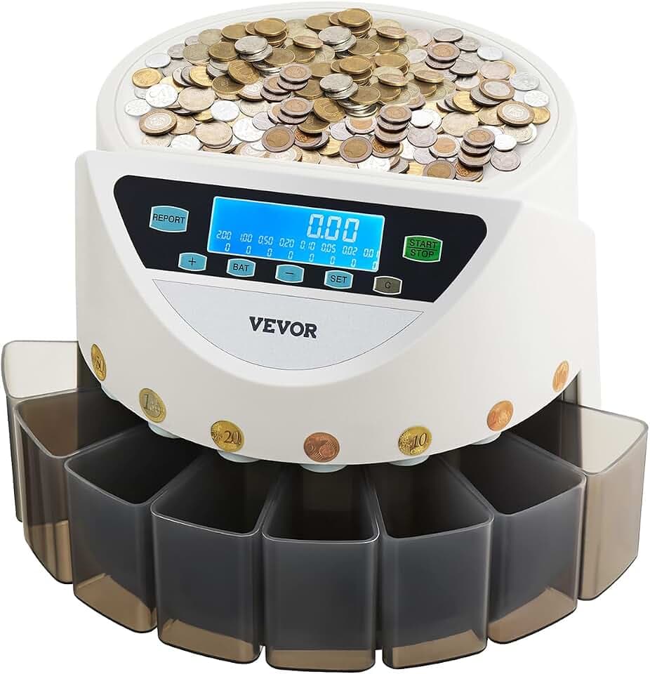VEVOR Euro-Münzsortierer, Münzzählmaschine für 8 Arten von Euro-Münzen, Münzzählautomat für bis zu 850 Münzen, großes LCD-Display, Münzaufbewahrung inkl. 5 Münzröhren & 8 Münzboxen